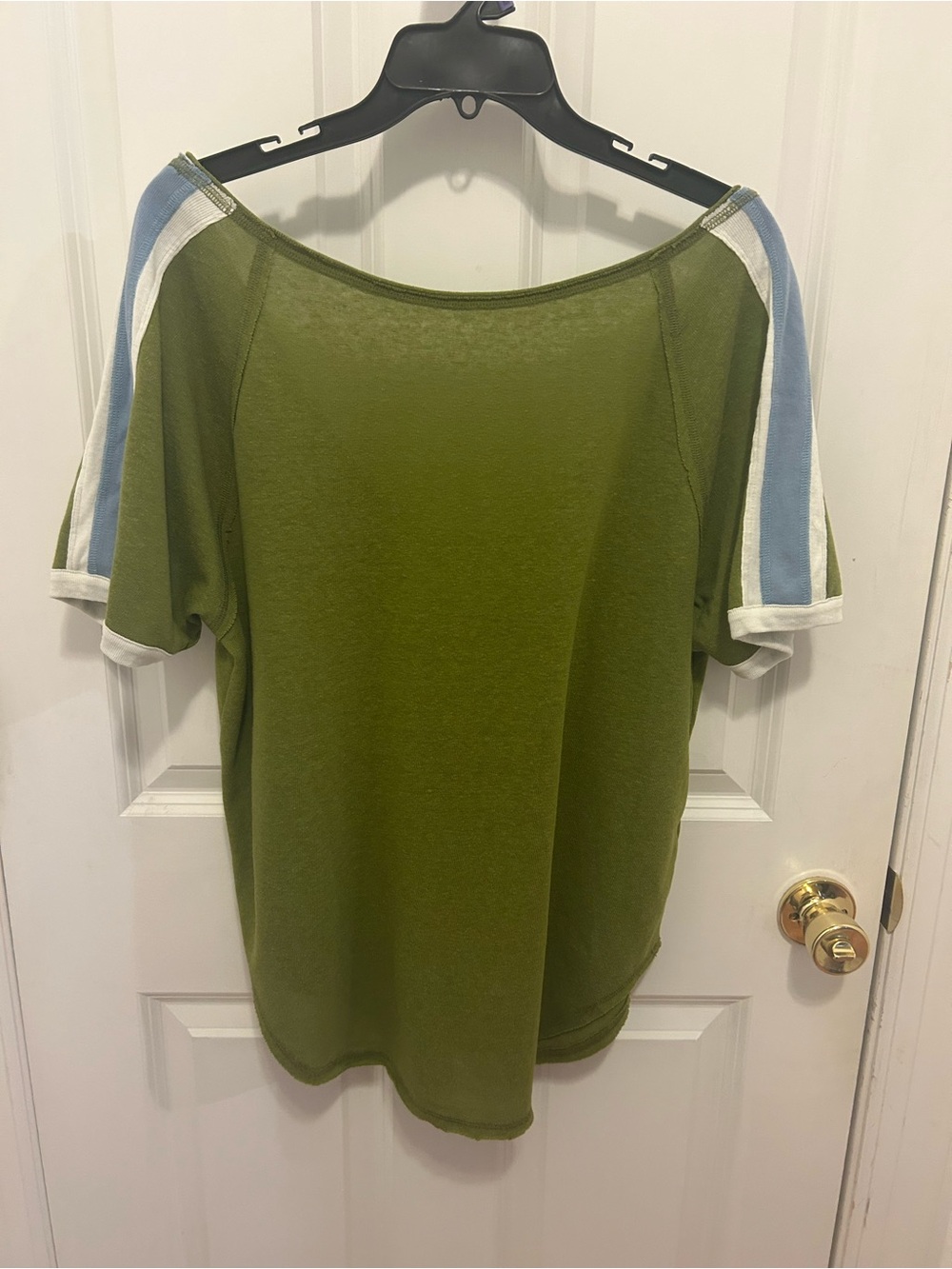 Free People Olive Green Short Sleeve Tee with Blue and White Stripe Sleeves
